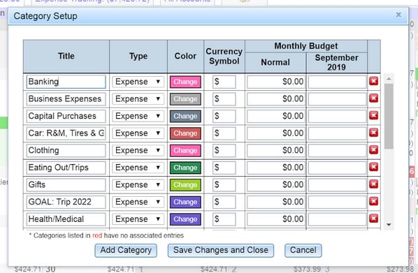 calendarbudget category setup