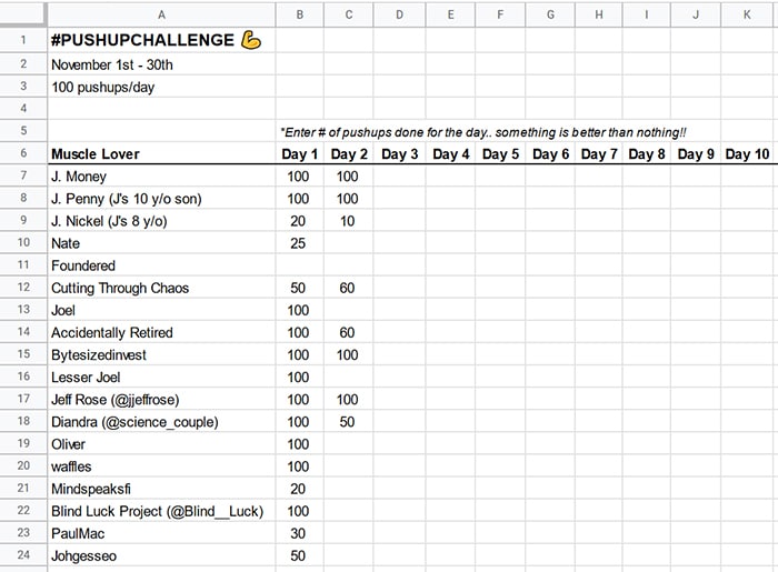 pushup challenge spreadsheet