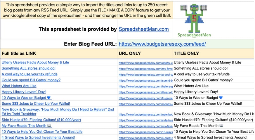 rss blog import spreadsheet